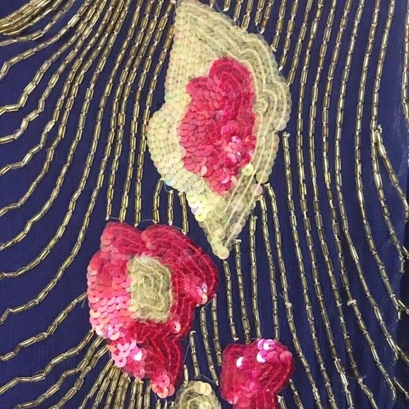 Vintage Royal Blue Sequin Beaded Dress Lined Shoulder Pads Mesh Pink Gold Gatsby - Picture 12 of 13